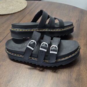 Dr. Martens Black Triple-Strap Platform Slide with Yellow Stitching